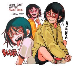  1girl bandaid bandaid_on_face black_hair blupixl blush character_name commentary english_text grin hena_(blupixl) highres hood hood_down hoodie index_finger_raised indian_style long_sleeves multiple_views open_mouth original own_hands_clasped own_hands_together red-framed_eyewear red_eyes shoes short_hair short_sleeves shorts sitting smile sneakers sweat teeth tongue tongue_out 