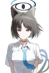  1girl absurdres alternate_costume animal_ear_fluff animal_ears black_eyes black_hair blue_archive blue_necktie cat_ears cat_girl cat_tail collared_shirt commentary_request eyeshadow halo highres kikyou_(blue_archive) looking_at_viewer makeup necktie nekomata parted_bangs red_eyeshadow school_uniform shirt short_hair short_sleeves sidelocks simple_background smile solo tail upper_body white_background white_shirt winterflower 