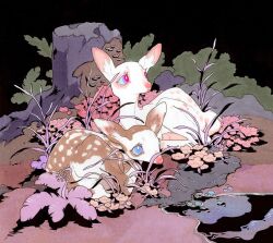  2others animal_focus blue_eyes brown_fur colored_eyelashes deer ears_up fawn fleebites flower grass leaf multiple_others night no_humans on_grass original pink_eyes pink_flower tree_stump water white_fur 