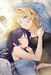 2girls arms_up ayase_eli bad_id bad_pixiv_id black_camisole breasts camisole cellphone character_name dutch_angle eyelashes hand_on_another&#039;s_chest happy_birthday highres large_breasts looking_at_viewer love_live! love_live!_school_idol_project lying multiple_girls on_back on_bed phone signature sleeping smartphone spaghetti_strap sunlight tojo_nozomi upper_body waking_up zawawa_(satoukibi1108)