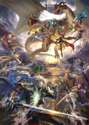 absurdres animal_ears arjuna_(fate) arjuna_(fate)_(cosplay) arm_armor arm_up armor blonde_hair blue_hair bodysuit breasts brown_hair cape carmilla_(fate) cloud commentary_request cosplay dragon dragon_horns dragon_wings dual_wielding elizabeth_bathory_(fate) elizabeth_bathory_(fate/extra_ccc) elizabeth_bathory_(first_ascension)_(fate) fate_(series) flag floating flying glowing glowing_eyes green_eyes headpiece highres holding horns james_moriarty_(archer)_(fate) jeanne_d&#039;arc_(fate) jeanne_d&#039;arc_alter_(avenger)_(fate) jeanne_d&#039;arc_alter_(fate) karna_(fate) kito_(kito2) large_breasts li_shuwen_(fate) li_shuwen_(young)_(fate) lightning lion lion_ears long_hair monocle nikola_tesla_(fate) pixiv_fate/grand_order_contest_2 pointy_ears polearm ponytail purple_hair red_hair scathach_(fate) sherlock_holmes_(fate) shoulder_cannon siegfried_(fate) sky sleeveless spear sunlight sword tank_top thighhighs thomas_edison_(fate) weapon white_hair wings rating:Sensitive score:9 user:danbooru