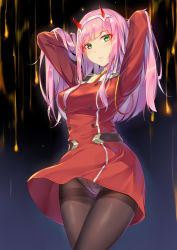 1girl absurdres arms_behind_head arms_up black_pantyhose blush breasts brown_pantyhose buttons cameltoe cleft_of_venus cowboy_shot crotch_seam darling_in_the_franxx dress eyeshadow gluteal_fold green_eyes gusset hairband highres horns long_hair long_sleeves looking_at_viewer makeup medium_breasts necktie panties panties_under_pantyhose pantyhose parted_lips pink_hair red_dress sgt-jz short_necktie solo standing taut_clothes taut_dress thigh_gap thighband_pantyhose underwear uniform white_panties wing_collar yellow_necktie zero_two_(darling_in_the_franxx) rating:Questionable score:59 user:danbooru