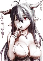 1girl black_hair breasts cleavage danua dress fingerless_gloves gloves granblue_fantasy horn_ornament horns jewelry large_breasts long_hair looking_at_viewer necklace pointy_ears red_eyes simple_background solo ueyama_michirou white_background rating:Sensitive score:3 user:danbooru