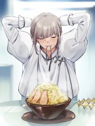  1boy adjusting_hair arms_behind_head arms_up blonde_hair bowl closed_eyes commentary_request crown crown_hair_ornament diamond_(shape) diamond_crown diamond_hairband facing_viewer fate/grand_order fate_(series) food frilled_sleeves frills hair_bun hair_tie hair_tie_in_mouth hair_tied hairband high_collar highres indoors light light_blush long_sleeves male_focus meat medium_hair mouth_hold napkin noodles oberon_(fate) plate pork puffy_long_sleeves puffy_sleeves ramen sausu_hitori shirt sidelocks solo soy_sauce steam sweatdrop table tagme trap tying_hair unworn_crown upper_body wasabi white_shirt yellow_hairband yellow_headwear 