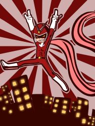  1boy \m/ ace_cluck arms_up belt black_belt bodysuit boots city commentary english_commentary eyes_in_shadow facial_hair full_body gloves goatee grin helmet highres jumping looking_at_viewer male_focus pink_scarf red_background red_bodysuit scarf smile solo sunburst sunburst_background superhero_costume viewtiful_joe viewtiful_joe_(character) white_footwear white_gloves 