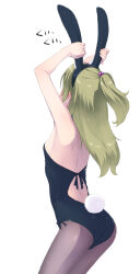  1girl animal_ear_fluff animal_ears arms_up ass back back_bow back_cutout backless_leotard black_pantyhose bow clothing_cutout covered_face cowboy_shot fake_animal_ears from_behind green_hair hair_bobbles hair_ornament hairband hand_on_own_ear highres leotard long_hair minamino_kanade pantyhose playboy_bunny ponytail precure rabbit_ears rabbit_tail sakura_kotetsu simple_background solo sound_effects suite_precure tail white_background 