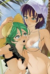  2girls aboleuk bikini black_bikini black_hair blush breasts breasts_out collarbone fubuki_(one-punch_man) green_eyes green_hair hat highres large_breasts looking_at_another medium_breasts multiple_girls navel nipples official_alternate_costume one-punch_man open_mouth short_hair siblings sisters stomach straw_hat swimsuit tatsumaki teeth upper_teeth_only white_bikini 