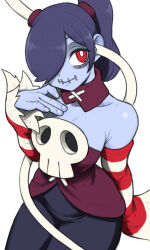  1girl bags_under_eyes bare_shoulders black_skirt blue_hair blue_skin breasts closed_mouth collar colored_skin commentary detached_collar detached_sleeves dress fingernails hair_over_one_eye hand_on_own_chest highres leviathan_(skullgirls) long_hair looking_at_viewer medium_breasts object_through_head red_collar red_dress red_eyes red_sleeves side_ponytail simple_background skirt skull skullgirls smile solo squigly_(skullgirls) stitched_mouth stitches striped_clothes striped_sleeves toshinoshin white_background white_sleeves zombie 