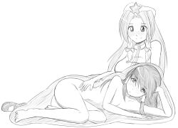 2girls blush chinese_clothes embarrassed female_focus hakurei_reimu hong_meiling hug inside_view lying multiple_girls nude on_side sketch smile starcrossing stomach vore x-ray