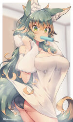  1girl animal_ear_fluff animal_ears ass bare_shoulders black_panties blurry blurry_background breasts cleavage commentary_request food food_in_mouth green_eyes green_hair hair_between_eyes indoors kuromiya kuromiya_raika large_breasts looking_at_viewer mouth_hold multicolored_hair orange_hair original panties popsicle popsicle_in_mouth shirt solo tail towel towel_around_neck twitter_username two-tone_hair underwear white_shirt white_towel 