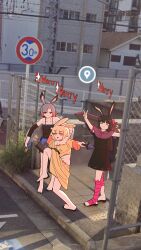  3girls animal_ears assassin_rabbit black_camisole black_hair black_shirt black_skirt blonde_hair blue_eyes blunt_bangs camisole cape chain-link_fence closed_mouth commentary dagger dancer_rabbit english_commentary expressionless fence full_body greatsword grey_hair heavyblade_rabbit high_school_girls_posing_for_google_street_view_(meme) highres holding holding_dagger holding_knife holding_sword holding_weapon knife long_hair looking_at_viewer medium_bangs meme microwavebunny multicolored_hair multiple_girls open_mouth photo-referenced photo_background pink_hair purple_cape rabbit_and_steel rabbit_ears rabbit_girl road_sign shirt short_hair sign skirt smile strapless sword tube_top two-tone_hair v weapon yellow_eyes yellow_skirt yellow_tube_top 