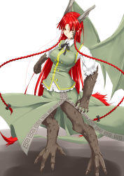  1girl angry braid dragon_girl ex-meiling female_focus highres hong_meiling hong_meiling_(dragon) horns kemonomimi_mode long_hair monster_girl niwatazumi red_eyes red_hair scales side_braid solo tail touhou twin_braids very_long_hair wings 