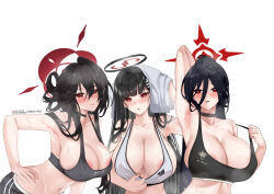 3girls absurdres alternate_costume amai-pai areola_slip arm_up armpits artist_name black_choker black_hair black_sports_bra blue_archive blush breasts choker cleavage collarbone fanbox_username halo hasumi_(blue_archive) highres huge_breasts kokuriko_(blue_archive) linea_alba looking_at_viewer mole mole_on_neck multiple_girls navel patreon_username presenting_armpit red_eyes rio_(blue_archive) simple_background sports_bra steaming_body stomach sweat upper_body wet wet_hair white_background white_sports_bra rating:Questionable score:56 user:danbooru