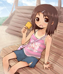 1girl bag child cloud day eyebrows food hair_ornament hairclip ice_cream looking_at_viewer open_mouth original outdoors sitting skirt sky solo tan tanline yurarin rating:Sensitive score:21 user:Domestic_Importer
