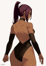  1girl absurdres alternate_costume ass back back_focus backless_leotard bare_shoulders bleach breasts commission curvy dark-skinned_female dark_skin elbow_gloves from_behind gloves high_ponytail highleg highleg_leotard highres large_breasts leotard long_hair looking_at_viewer median_furrow official_alternate_costume parted_bangs patreon_username ponytail purple_hair shihouin_yoruichi shoulder_blades signature smile solo stayaliveplz thigh_gap thighs toned wide_hips yellow_eyes  rating:Sensitive score:55 user:danbooru