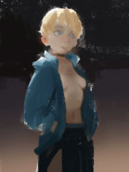  1girl blonde_hair blue_eyes blue_jacket breasts character_request choker copyright_request cowboy_shot female_focus highres jacket looking_away navel paindude short_hair solo tagme  rating:Questionable score:1 user:tenshianimefrangel