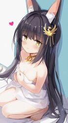  1girl absurdres animal_ear_fluff animal_ears azur_lane bare_shoulders barefoot black_hair blush breasts brown_eyes cleavage feet fox_ears fox_girl hair_ornament hamiro heart highres huge_filesize loli long_hair looking_at_viewer nagato_(azur_lane) naked_towel small_breasts smile solo squatting thighs toes towel very_long_hair white_towel 