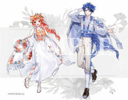  1boy 1girl :d anemone_(flower) beckoning bell_sleeves belt_chain blue_flower blue_hair blue_sash blunt_bangs braid brown_footwear buttons cape capri_pants chashibu closed_mouth coat coat_on_shoulders copyright_notice criss-cross_halter cross-laced_clothes daisy double-breasted dress earrings floral_background floral_print flower flower_braid flower_wreath fringe_trim full_body hair_between_eyes halterneck hand_on_headwear harusaki_air head_wreath high-waist_pants holding holding_wreath jewelry leaf leaf_print long_dress long_hair long_sleeves looking_at_viewer mole mole_under_eye nijisanji official_art open_mouth orange_eyes orange_flower orange_hair orange_vest oxfords pants puffy_long_sleeves puffy_sleeves purple_flower ratna_petit red_panda_ears red_panda_girl red_panda_tail ribbon sample_watermark sandals sash shirt shoes short_hair single_braid single_earring skirt_hold smile socks standing standing_on_one_leg swedish_clothes two-tone_vest vest virtual_youtuber watermark white_background white_cape white_coat white_dress white_flower white_footwear white_pants white_ribbon white_shirt white_socks white_vest 