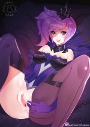  1girl anus artist_name ass asymmetrical_clothes bare_shoulders bottomless choker clitoral_hood clitoris crown elbow_gloves elementalist_lux gloves league_of_legends light_purple_hair long_hair looking_at_viewer lux_(league_of_legends) lying no_panties on_back patreon purple_eyes pussy side_ponytail single_thighhigh smile solo solo_focus spread_legs spread_pussy thighhighs tofuubear uncensored urethra  rating:Explicit score:71 user:Riviard04
