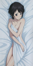  10s 1girl absurdres bed_sheet black_hair blue_eyes breasts cleavage covering_privates highres mole naked_sheet nude nude_cover screencap senkou_no_night_raid short_hair shy solo sonogi_yukina stitched third-party_edit 