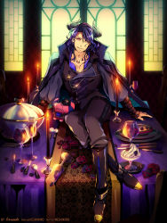  10s 1boy arm_support artist_name ascot asselin_bb_ii bad_id bad_pixiv_id black_nails boots buckle buttons candle candlelight cape chain champagne_flute collarbone cross-laced_clothes crossed_legs cup demon_horns double-breasted drinking_glass earrings evil_smile fingernails flower food full_body hair_over_one_eye hat heterochromia high_collar highres horns ice_cream idolmaster idolmaster_side-m jewelry knife long_hair long_sleeves male_focus nail_polish on_table pants petals pixiv_username plate purple_hair purple_shirt red_eyes rose rose_petals satan_(idolmaster) seklutz shirt signature single_earring sitting smile smirk solo spoon stuffed_toy table tablecloth twitter_username watermark wavy_hair wavy_mouth window wine_glass wristband yellow_eyes zipper 