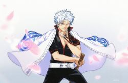  1boy artist_name beads belt black_pants black_shirt blue_hair clothes_writing collarbone cowboy_shot dated gintama godzillapigeon1 gradient_background grey_background half-closed_eyes hand_up highres himejima_gyoumei holding holding_sword holding_weapon japanese_clothes japanese_text jewelry kimetsu_no_yaiba kimono kimono_on_shoulders legs_apart looking_at_viewer male_focus necklace pants pearl_necklace pectoral_cleavage pectorals petals prayer_beads red_eyes ribbon-trimmed_sleeves ribbon_trim sakata_gintoki scar scar_on_face scar_on_forehead sheath sheathed shirt short_hair signature simple_background solo standing stitches sugita_tomokazu sword translation_request voice_actor_connection weapon white_kimono 