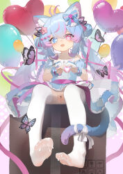  1girl absurdres animal_ears balloon blue_dress blue_eyes blue_hair box bug butterfly cardboard_box cat_ears cat_tail censored cum cum_on_body cum_on_feet dress fang feet full_body heart heart-shaped_pupils heart_hands heterochromia highres insect kele_mimi long_hair multicolored_hair no_shoes open_mouth original pink_eyes pink_hair pink_ribbon pussy ribbon sitting soles solo symbol-shaped_pupils tail thighhighs white_thighhighs 