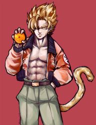  1boy abs bare_pectorals belt blonde_hair dragon_ball dragon_ball_(object) dragonball_z green_eyes grin hair_over_one_eye hand_in_pocket heartlesshara highres holding jacket looking_at_viewer male_focus monkey_tail open_clothes open_jacket pants pectorals red_background simple_background smile solo son_goku spiked_hair standing super_saiyan tagme tail twitter_username 