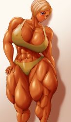  1girl abs blonde_hair blue_eyes breasts extreme_muscles highres large_breasts muscular muscular_female muscular_legs 