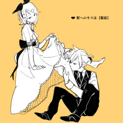 1boy 1girl aku_no_meshitsukai_(vocaloid) aku_no_musume_(vocaloid) allen_avadonia bare_legs barefoot bow brother_and_sister clothes_lift dress dress_lift evillious_nendaiki hair_bow hair_ornament hairclip half-closed_eyes hetero hugging_own_legs incest kagamine_len kagamine_rin kissing_leg looking_at_viewer lowres michiko_(nohohon-ya) monochrome necktie orange_background parted_lips riliane_lucifen_d&#039;autriche sexually_suggestive short_hair siblings sitting sketch sleeveless_blazer topknot twincest twins vocaloid rating:Questionable score:12 user:danbooru