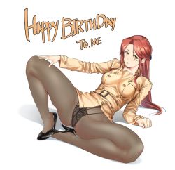  1girl belt belt_buckle black_footwear black_panties breasts brown_hair buckle buttons coat collarbone collared_coat commentary_request english_text fingernails full_body grey_pantyhose hair_ornament happy_birthday high_heels idolmaster k52 korean_commentary leaning_back long_hair long_sleeves looking_at_viewer panties pantyhose parted_bangs parted_lips shoes sidelocks simple_background solo spread_legs underwear white_background yellow_coat yellow_eyes zaizen_tokiko  rating:Questionable score:34 user:danbooru