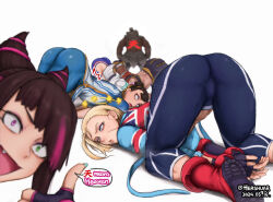  6+girls ^^^ akuma_(street_fighter) ass blank_eyes blonde_hair blue_eyes blurry blurry_foreground brown_hair cammy_white capcom character_request chun-li commentary dark-skinned_female dark_skin dated dazed drooling english_commentary english_text excited eyebrows_hidden_by_hair fang fingerless_gloves fingernails gloves green_eyes hair_horns han_juri hershuar heterochromia jacket kimberly_jackson multicolored_hair multiple_girls open_mouth pants pink_eyes pink_hair simple_background smile standing street_fighter street_fighter_6 thumbs_up top-down_bottom-up twitter_username two-tone_hair unconscious white_background 
