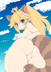 1girl animal_ears ass blonde_hair blue_eyes breasts censored cleft_of_venus crown earrings from_behind higetora_(higeusagi346) highres jewelry looking_back mario_(series) nintendo nipples ponytail princess_peach pussy raccoon_ears raccoon_tail sideboob smile solo super_mario_bros._1 sweat tail rating:Explicit score:69 user:chucky69