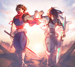 2boys :d blue_eyes blue_hair brown_hair closed_eyes dated feet_out_of_frame fist_bump highres holding holding_weapon horizon leo_tail long_hair lower_teeth_only male_focus mask mouth_mask multiple_boys open_mouth red_scarf scarf short_hair smile strider_(video_game) strider_hien strider_hiryuu teeth twitter_username weapon 