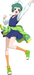  1girl :d antenna_hair arm_up blue_dress brown_eyes clenched_hand clothes_around_waist commentary dress english_commentary farah_oersted full_body green_footwear green_hair highres jacket jacket_around_waist kneehighs long_sleeves looking_at_viewer neck_ribbon official_art open_mouth pinafore_dress red_ribbon ribbon school_uniform shirt shoes short_hair simple_background skirt sleeveless sleeveless_dress smile sneakers socks solo standing standing_on_one_leg sweater tales_of_(series) tales_of_asteria tales_of_eternia transparent_background white_shirt 