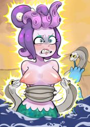 1girl biting blush bra unworn_bra breasts cala_maria_(cuphead) cuphead_(game) eel electricity electrocution giant giantess mermaid monster_girl nipple_biting nipples ocean partially_submerged restrained shell shell_bikini sky solo tentacle_hair topless underwear water rating:Explicit score:37 user:Perv-Ultra