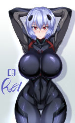  1girl abs alternate_breast_size arms_behind_head arms_up ayanami_rei black_bodysuit blue_hair blush bodysuit breasts character_name covered_erect_nipples covered_navel cowboy_shot curvy hair_between_eyes highres huge_breasts impossible_bodysuit impossible_clothes looking_at_viewer neon_genesis_evangelion parted_lips plugsuit puripuri_jet red_eyes shiny_clothes short_hair skin_tight solo thigh_gap thighs wide_hips  rating:Sensitive score:136 user:danbooru