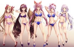 5girls ahoge animal_ears arm_behind_head arm_up armpits asymmetrical_hair bare_shoulders blonde_hair blue_bra blue_eyes blue_panties blush bow bow_bra bow_panties bra breasts brown_hair cleavage closed_mouth collarbone commentary_request detached_sleeves ereshkigal_(fate) fate/extra fate/grand_order fate_(series) fishnet_legwear fishnets fox_ears fox_girl fox_tail fukuda_shuushi full_body gluteal_fold gradient_background hair_between_eyes hair_bow hair_ornament hairband hand_in_own_hair hands_on_own_hips high_heels highleg highleg_panties highres jeanne_d&#039;arc_(fate) jeanne_d&#039;arc_alter_(avenger)_(fate) jeanne_d&#039;arc_alter_(fate) lace lace-trimmed_bra lace-trimmed_legwear lace-trimmed_panties lace_trim large_breasts legs long_hair looking_at_viewer low_ponytail lowleg lowleg_panties medium_breasts miyamoto_musashi_(fate) multiple_girls navel open_mouth osakabehime_(fate) panties parted_bangs parted_lips pink_hair ponytail purple_bra purple_eyes purple_panties red_bow red_eyes ribbon-trimmed_bra side-tie_panties sidelocks silver_hair skindentation smile stomach string_panties swept_bangs tail tamamo_(fate) tamamo_no_mae_(fate/extra) thighhighs thighs twintails two_side_up underwear underwear_only very_long_hair white_legwear yellow_eyes rating:Sensitive score:47 user:danbooru
