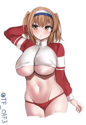 1girl breasts brown_eyes groin hairband highres i-26_(kancolle) jacket kantai_collection large_breasts light_brown_hair medium_hair midriff multicolored_clothes multicolored_jacket navel one-hour_drawing_challenge panties parted_lips red_panties simple_background solo tf_cafe track_jacket twitter_username two-tone_hairband two-tone_jacket two_side_up underboob underwear white_background 