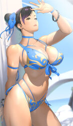  1girl arm_up bare_shoulders bikini blue_bikini blue_footwear blue_ribbon blue_sky bracelet breasts bun_cover capcom chun-li collarbone day flower hair_bun hair_flower hair_ornament highres jewelry kotoyoshi_yumisuke large_breasts lips looking_at_viewer navel ocean one_eye_closed outdoors parted_lips ribbon signature single_hair_bun sky solo standing stomach street_fighter sunlight swimsuit tanline_peek thick_thighs thighs toned yellow_eyes 