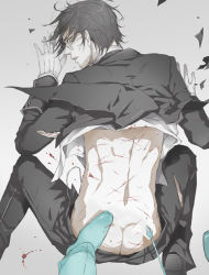  2boys artist_request ass black_hair blood claude_faustus formal glasses gloves gradient_background kuroshitsuji male_focus multiple_boys partially_colored suit tagme torn_clothes yaoi yellow_eyes  rating:Explicit score:33 user:cibo