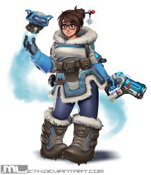  1girl beads belt belt_pouch black-framed_eyewear blue_gloves blue_legwear boots brown_eyes brown_hair canister canteen coat drone floating full_body fur_boots fur_coat fur_trim glasses gloves gun hair_bun hair_ornament hair_stick hairpin highres holding holding_weapon hose leggings lips mathias_leth mei_(overwatch) overwatch parka pouch print_legwear robot shoes short_hair simple_background smile snowball_(overwatch) solo spiked_shoes spikes standing utility_belt watermark weapon web_address white_background winter_clothes winter_coat  rating:Sensitive score:9 user:danbooru