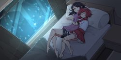  2girls barefoot bed black_hair black_shorts blanket city_lights commentary commission curtains doll_joints dorothy_haze english_commentary female_focus frilled_skirt frills from_above full_body highres hug hug_from_behind indoors jill_stingray joints long_hair lying multiple_girls night on_side pillow pink_shirt red_hair red_shirt red_skirt shirt short_hair shorts shuuko_(s_h_uuko) skirt sleeping smile va-11_hall-a white_shirt window yuri  rating:Sensitive score:110 user:danbooru