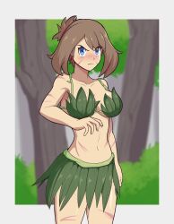  1girl alternate_breast_size angry arm_at_side armpits artist_request blue_eyes blush bodypaint breasts brown_hair cleavage clenched_hand closed_mouth collarbone creatures_(company) day fang female_focus game_freak grass_skirt hair_bun hand_up highres jungle leaf_bikini legs looking_at_viewer may_(pokemon) medium_breasts medium_hair midriff nature navel neck nintendo no_panties odamaki_sapphire outdoors pokemon pokemon_adventures revealing_clothes sideboob sidelocks standing swept_bangs thighs tsundere v-shaped_eyebrows 