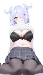  1girl black_bra black_pantyhose black_skirt blue_eyes blue_hair blush bra breasts cleavage clothes_lift commentary deyui elira_pendora hair_over_one_eye head_wings highres large_breasts long_sleeves looking_at_viewer mouth_hold navel nijisanji nijisanji_en one_eye_covered pantyhose plaid plaid_skirt ribbed_sweater short_hair sitting skirt solo stomach sweater sweater_lift symbol-only_commentary turtleneck turtleneck_sweater underwear virtual_youtuber wariza white_background white_sweater wings 