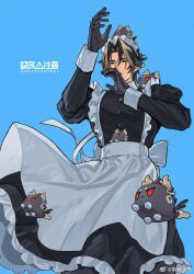  1boy arknights arm_up artist_name back_bow black_dress black_hair blonde_hair blue_background bow chinese_commentary chong_yue_(arknights) commentary_request cowboy_shot crossdressing dragon_boy dragon_horns dress hand_up highres horns juliet_sleeves long_hair long_sleeves looking_at_viewer maid maid_headdress male_focus multicolored_hair natsushio_(x2i2a) parted_lips pointy_ears puffy_sleeves red_eyes simple_background solo streaked_hair twitter_username weibo_watermark white_bow 