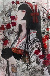  1girl absurdres black_butterfly black_gloves black_hair blood blunt_bangs bonnet braid bug butterfly commentary eyelashes fangs floral_print flower frills genjiguruma gloves gothic_lolita hair_rings half_gloves highres hime_cut huge_filesize insect interlocked_fingers japanese_clothes kikkoumon kikumon kimono lace lace-trimmed_gloves lace_trim licking lolita_fashion long_hair long_sleeves mole mole_under_eye obi open_mouth original own_hands_together pale_skin petals plant red_eyes red_flower red_lips red_ribbon red_rose ribbon rose sash satsuki_kei sidelocks solo straight_hair symbol-only_commentary tongue tongue_out unmoving_pattern upper_body vampire vines wide_sleeves 