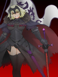  1girl absurdres ahoge armor armored_dress asha black_armor black_background black_cape black_thighhighs blonde_hair boobplate breastplate cape chain commentary_request fate/grand_order fate_(series) feet_out_of_frame flag gauntlets gradient_background grin head_tilt headpiece highres holding holding_flag holding_sword holding_weapon jeanne_d&#039;arc_alter_(avenger)_(fate) jeanne_d&#039;arc_alter_(fate) looking_at_viewer medium_bangs red_background short_hair smile solo standing sword thighhighs torn_cape torn_clothes two-sided_cape two-sided_fabric weapon yellow_eyes 