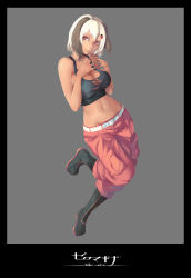 1girl bare_shoulders belt black_shirt boots border borrowed_character breasts bug cleavage dark_skin dark-skinned_female fingers_together full_body grey_background grey_hair hair_ornament highres bug jikeshi ladybug large_breasts looking_at_viewer midriff mikainu_zozo multicolored_hair navel pants pink_eyes pink_pants shirt short_hair solo tank_top torn_clothes torn_shirt two-tone_hair white_hair zeromachina 