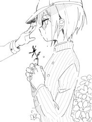  1boy 4_(nakajima4423) arm_belt baseball_cap buttons collared_jacket commentary_request crying crying_with_eyes_open danganronpa_(series) danganronpa_v3:_killing_harmony eyelashes fingernails flower from_side hair_between_eyes hand_on_another&#039;s_headwear hat high_collar holding holding_flower interlocked_fingers jacket layered_sleeves long_sleeves looking_at_another oma_kokichi outstretched_arm own_hands_clasped own_hands_together palms pinstripe_jacket pinstripe_pattern sad saihara_shuichi short_hair simple_background sketch solo_focus streaming_tears teardrop tears upper_body vertical-striped_sleeves white_background wilted_flower 